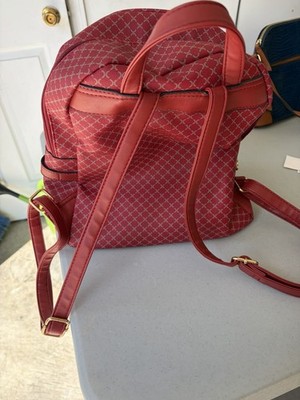 Women s Red Geometric Backpack Purse Gold Hardware Zip Pockets Adjustable Straps