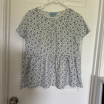 CeCe Cap Sleeve White Floral Print Top Size P/XL Seam At Waist