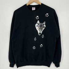Vintage Jerzees Wolf Graphic Sweatshirt Mens Large Black Paw Prints Made in USA