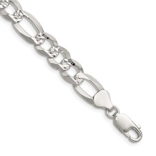 Sterling Silver 8.5mm Flat Diamond-Cut Pave Figaro Chain Necklace