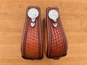 Basket Tooled Western Show Saddle Stirrups w Silver Conchos ~ TOP QUALITY!!