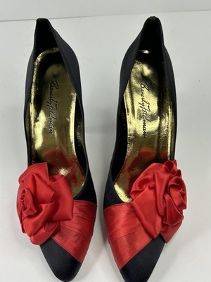 Beverly Feldman La Rosa Pumps Heels Vtg 80 Black Red Satin Rose Flower 9 Narrow