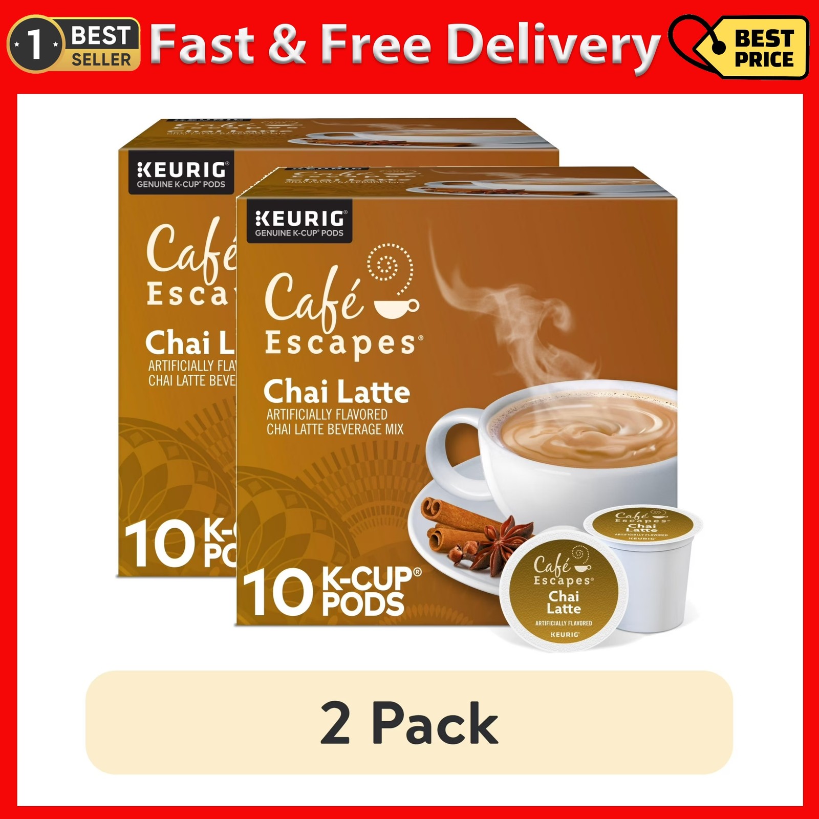 (2 Pack) Caf&eacute; Escapes, Chai Latte K-Cup Coffee Pods, 10 Cou