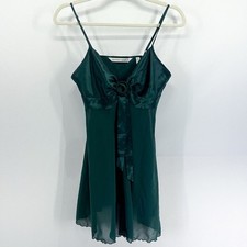 Vintage Victoria's Secret Emerald Green Satin Rosette Babydoll Slip Dress Small