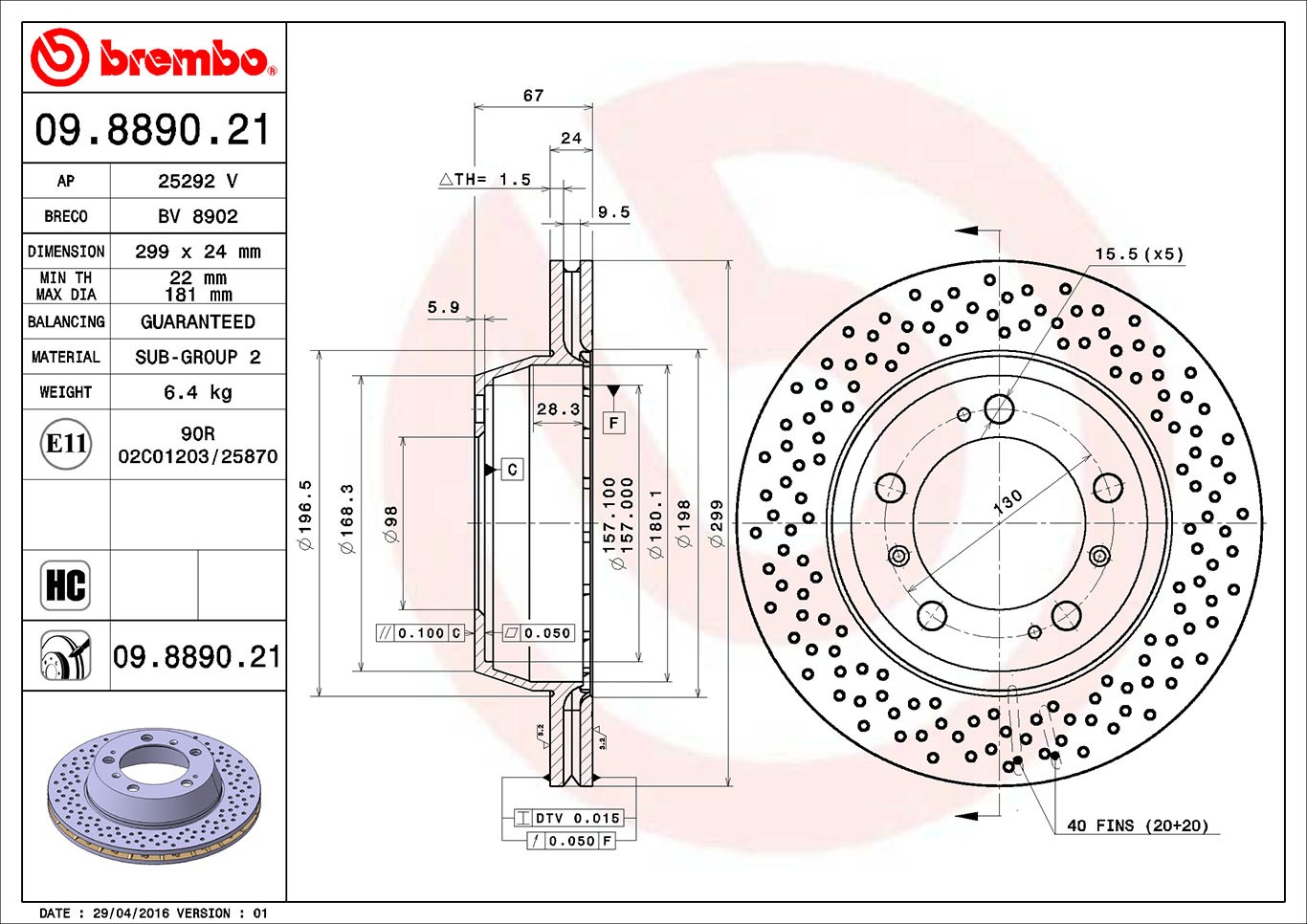 Brembo 09.8890.21 disque de frein d'excellence pour Porsche