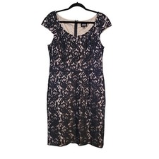 Adrianna Papell Black Nude Floral Lace Cap Sleeve Sheath Party  Evening Dress 16