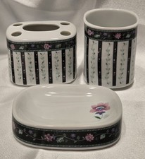 Vtg 3 Pc Bathroom Toothbrush, Soap Dish Drinking Glass Black And Pink