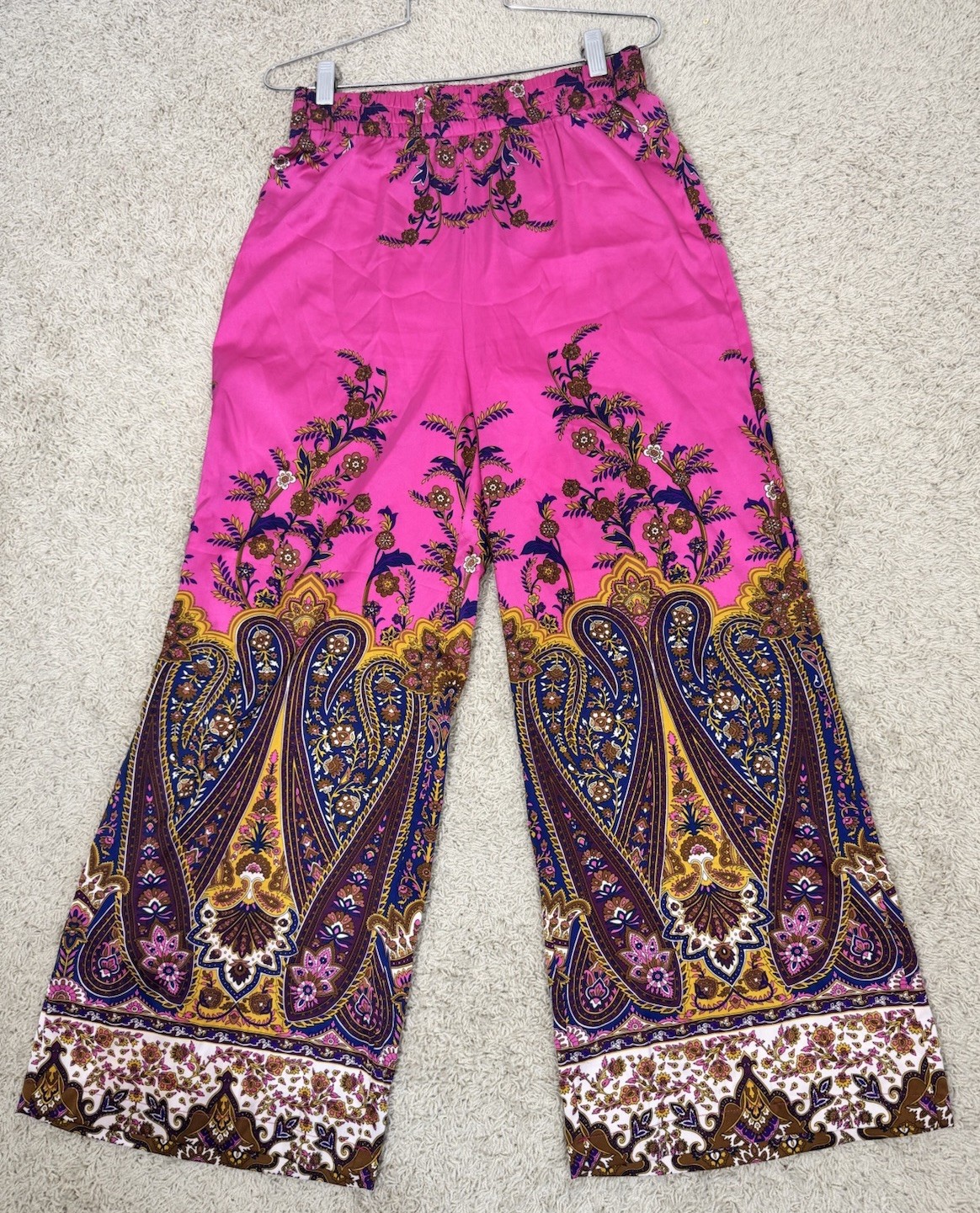 Rachel Zoe Hot Pink Paisley Satin Pull On Wide Leg Palazzo Pants Size S Lounge