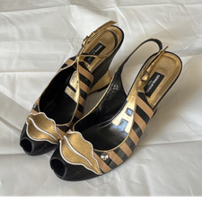 Sonia Rykiel Gold Black Striped Slingback Wedge Heels Peep Toe Leather US 6.5