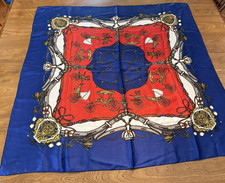 Vint CLASSIC CARRIAGE SCARF-RED WHITE BLUE SATIN FEEL CORDS FLORAL CORNERS 34"