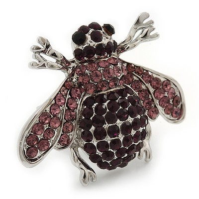 Rhodium Plated Diamante Bumble Bee Cocktail Ring - Adjustable Size 8/9 (Violet