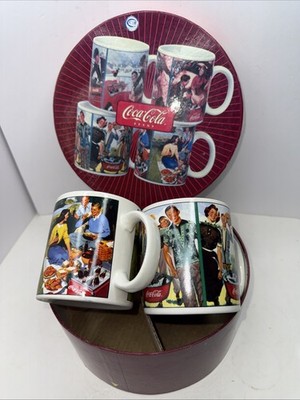 Coca Cola Tailgating 4 Four Stoneware Mugs Set By Sakura Oneida Coke Cups MINT