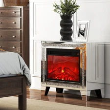 Modern Mirrored Side Table Nightstand Electric Fireplace Heater Crushed Diamond