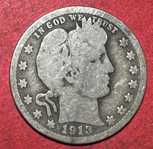 1913 US Barber SILVER Quarter "Philadelphia" Mint! Low Mintage! KEY DATE! 485K!