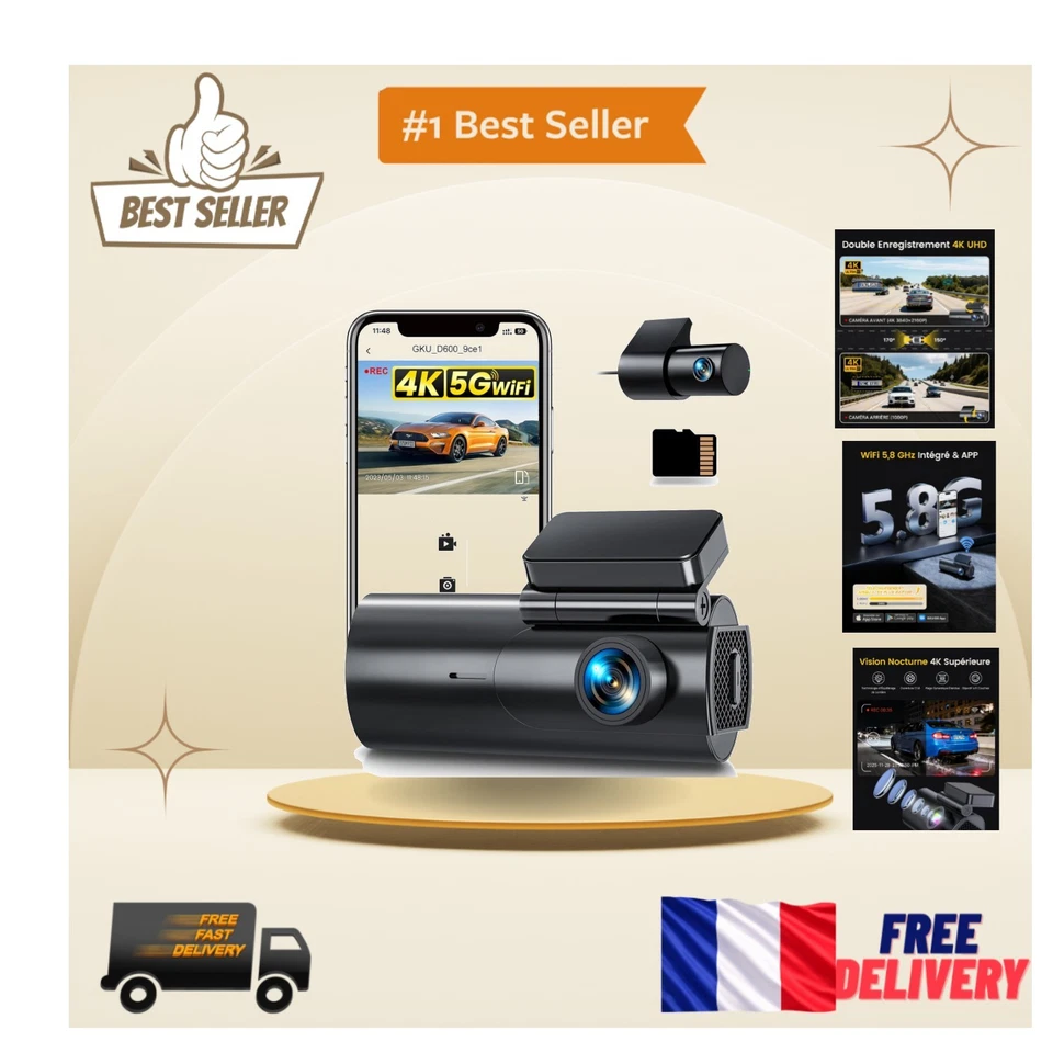Dashcam GKU D600 - Enregistrement en Boucle, Mode Stationnement 24H et Carte SD - Photo 1/4
