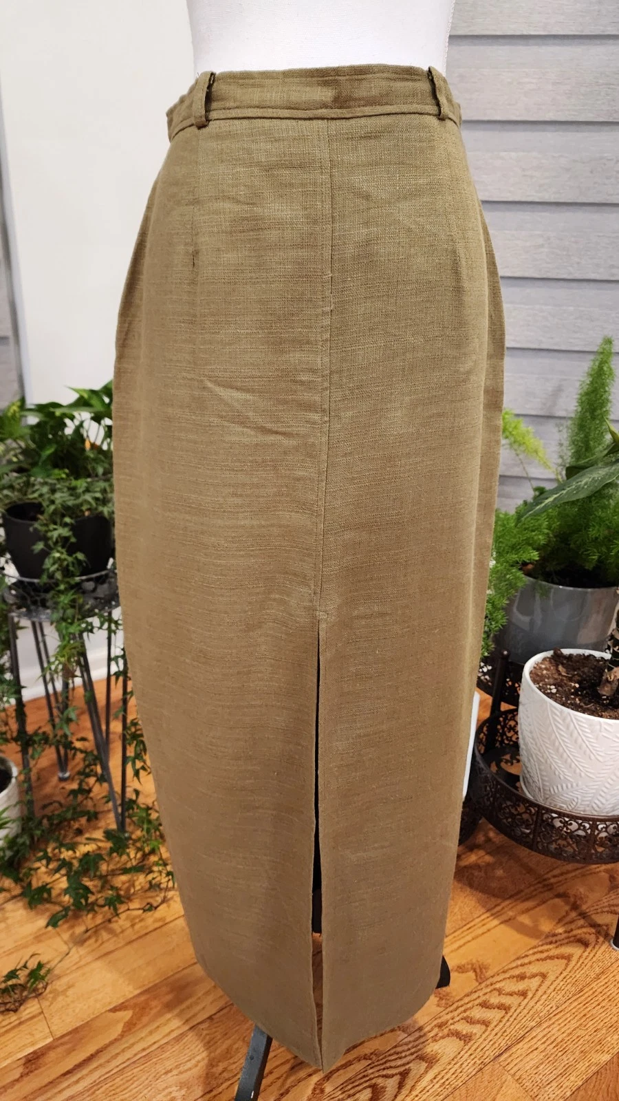 Halston Skirt 10? Flax Blend Long Straight Lined Front Slit Vintage Green NEW