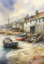 Seaside Scenic British Harbour Coastal Print Boats Sea Wall Art Poster Picture