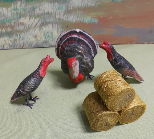 Lot of 3 German Putz Turkey with Hens and a Hay Stack - Lead Feet, 4 pcs