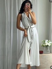 ZARA NEW WOMAN POLKA DOT MIDI SHIRTDRESS BELTED ECRU NAVY SIZE M 3689/750/066