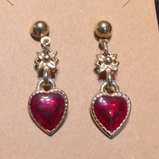 Gold Tone Dangle Drop Earrings Red Heart w/ Flower Accent Butterfly Back Vintage