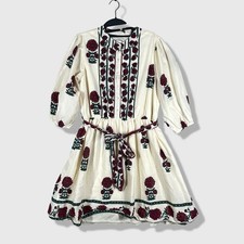 LEA Floral Block Print Dress Womens L Cream Burgundy Boho Cottagecore Mini
