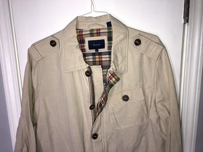 Faconnable Mens Flap Pocket Jacket Mens Large Safari Field Plaid Lining Beige