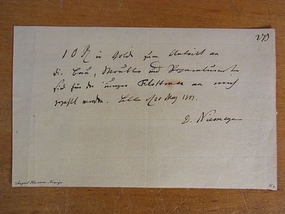 August Hermann Niemeyer: Eigenhändige Quittung mit Unterschrift ''D. Niemeyer'', d