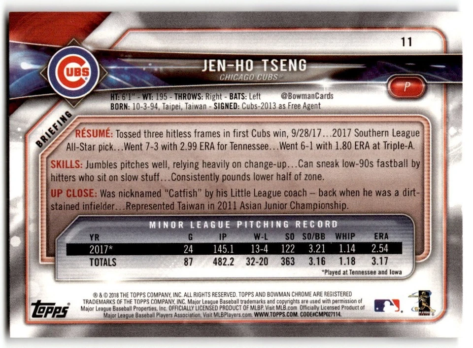 Jen-Ho Tseng 2018 Bowman Rookie #11 Chicago Cubs - Image 2 of 2