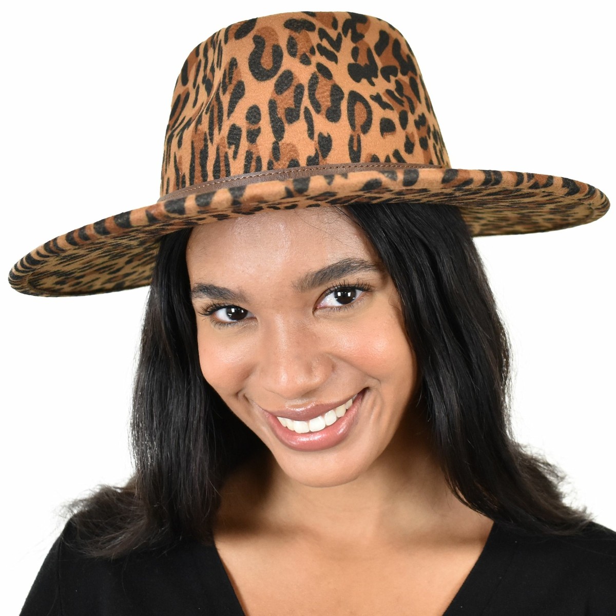 gana様 C.C Wide Brim Faux Wool Fabric Panama Fedora Hat with Faux Leather