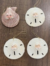 4 Vintage Christmas Ornaments 3 Sand Dollars Shell Santa Faces in VGC