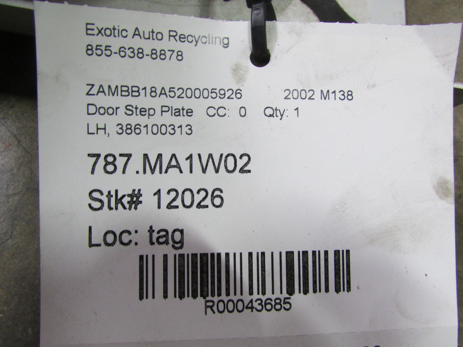 Maserati 138 Spyder,  LH, Door Step Plate, Used, P/N 386100313