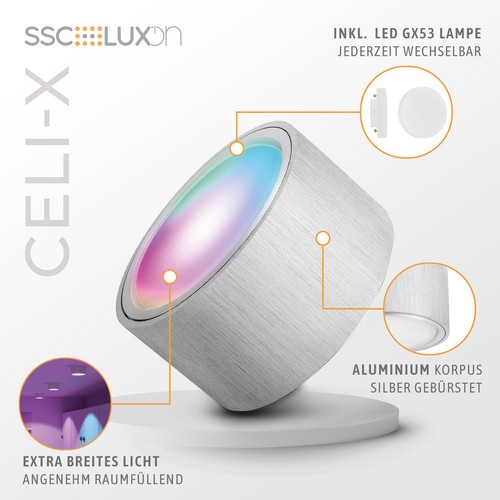 4 Stück CELI-X Aufbau LED Spot flach gebürstet mit WLAN Smart RGB LED GX53 230V - Afbeelding 5 van 9