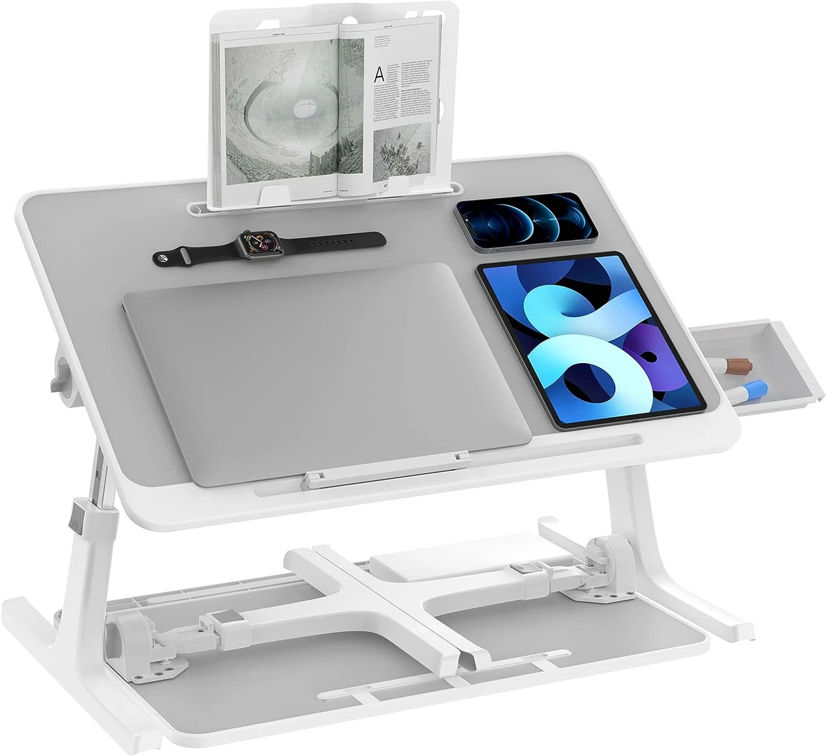 Scrivania Pieghevole Per Letto Con 2 Cassetti, Tavolo Laptop Regolabile In Altezza E Inclinazione, In PVC, Grigio - 4