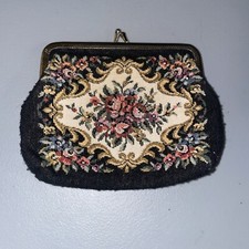 Coin Purse 2-Ball Kiss-Lock Closure Floral Needlepoint Tapestry, 6x4.5