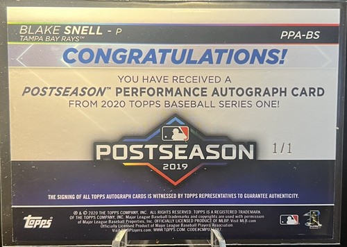 2020 Topps Series 1 Blake Snell Auto 1/1 2019 Postseason Rays PPA-BS - Picture 2 of 2