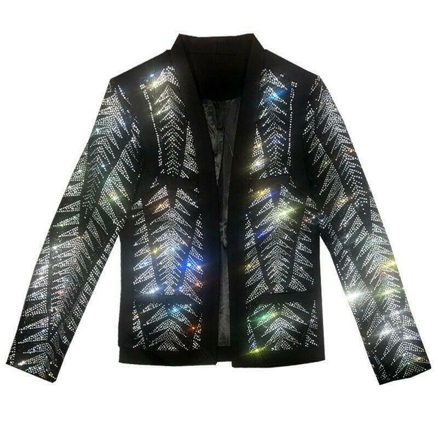 Men's Shiny Bling Rhinestone Loose Long sleeve Jacket Blazer coat Show