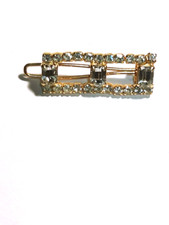 LOVELY VINTAGE BRASS RHINESTONE AND AQUAMARINE RECTANGLE HAIR CLIP 1-1/4"