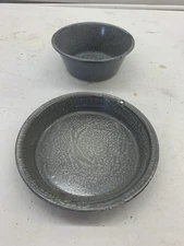 Vintage Grey Swirl Porcelain Enamelware Plate And  Bowl