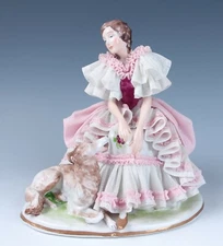 Vintage Dresden Lace Figurine Lady & Borzoi Dog German Porcelain Figure