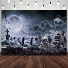 7x5ft Skull Gray Halloween Banner Backdrops for Photography Horror Moon Night Sc