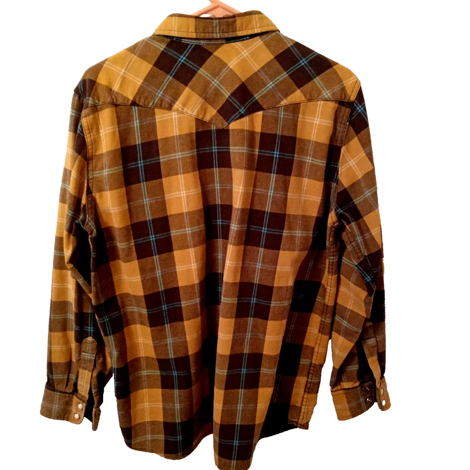 Camisa de franela a presión vintage Route 66 marrón grande a cuadros manga larga perla Foto 2 de 4