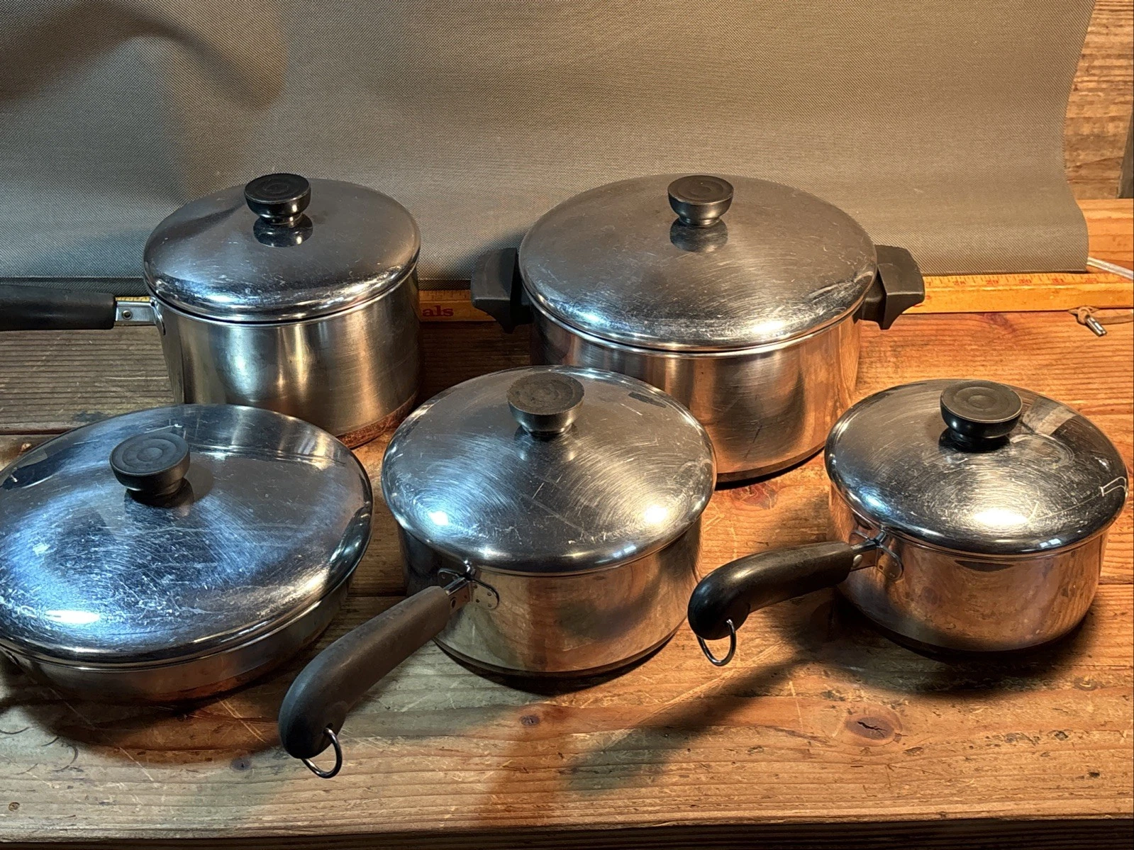 Revere Ware 1801 Copper Bottom Cookware Pot Pan Set Vintage Lot Of 5 Pots 5 Lids