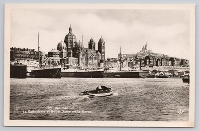 Cathedral & Notre-Dame de la Garde Port of Marseille France RPPC Postcard