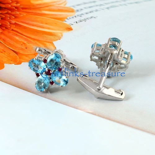 Natural Blue topaz & Ruby Gemstones with 925 Sterling Silver Cufflinks For Men's - Picture 2 of 6