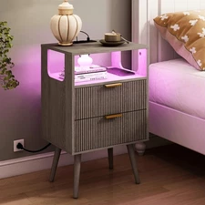 Nightstand with Charging Station and Lights,Modern Bedside Table with 2 Stora...