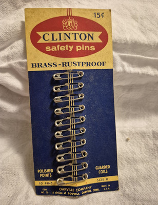 Clinton Vintage Original Brass Rustproof Safety Pins on Original Card