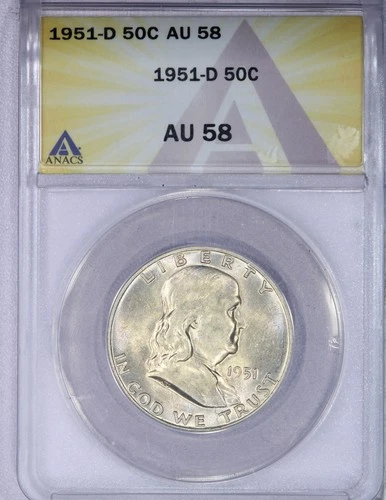 1951-D Franklin Half Dollar 50c ANACS AU58 - Pretty Color!