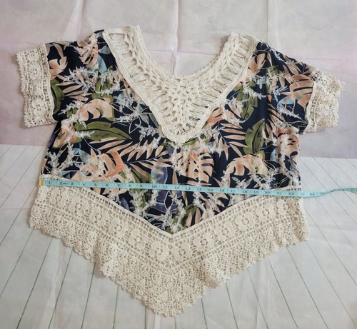 Top túnica floral solitario de ganchillo para mujer azul y marfil boho playa talla grande - Imagen 6 de 9