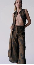 ZARA WOMAN NWT SS24 BROWN EMBROIDERED WIDE LEG PANTS Size S8117/280