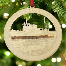 Vintage The Tug "Chesapeake" Gold Tone Metal Christmas Ornament Made in the USA
